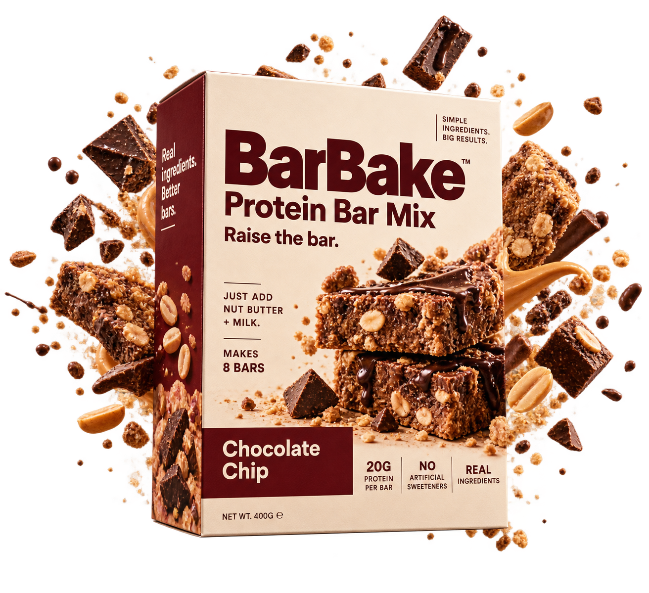 BarBake chocolate chip protein bar mix box with freshly made chocolate-topped bars