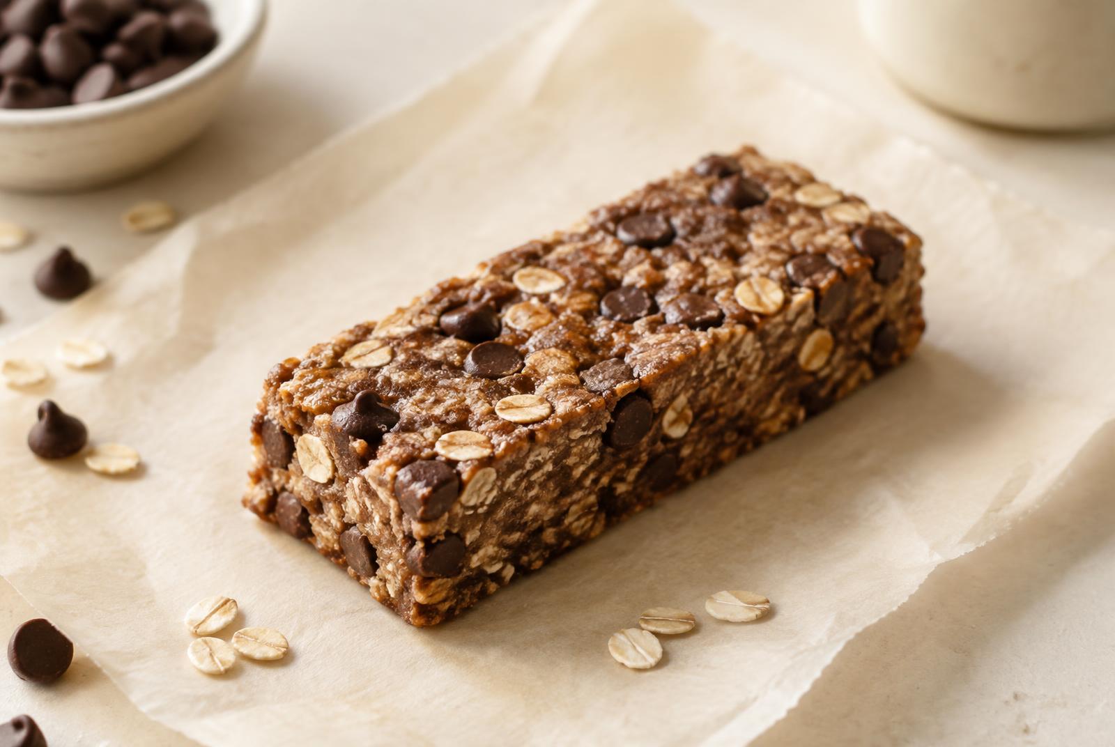 A homemade chocolate chip protein bar on baking paper